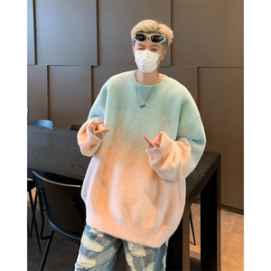 秋冬新款粉色渐变套头毛衣女慵懒风设计感小众水貂毛宽松针织上衣图片
