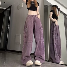 复古紫色工装牛仔裤女大码胖辣妹高腰宽松多巴胺裤子N6068-P53，男装牛仔裤，星座1109-3
