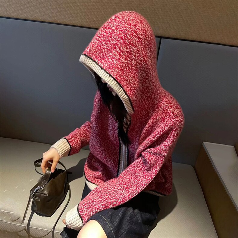 2025年秋季长袖时尚百搭通勤花纱连帽开衫,女装羊毛衫,新胜羊绒