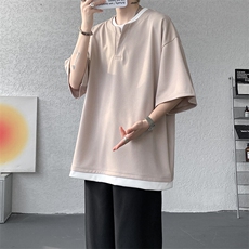 8XL-M重磅斜纹假两件短袖t恤男夏季薄款宽松大码半袖体恤DT006P45，男装T恤，电商B312