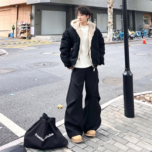 现货高品质美式高街冬季重磅硬挺短款座山雕毛领棉衣男女加厚外套图片