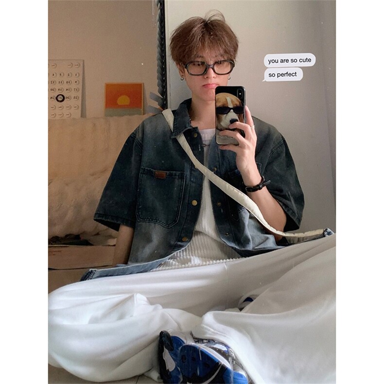 美式潮牌小众复古水洗牛仔衬衫男短袖日系宽松休闲衬衣10244-P57,男装衬衫,星座1008