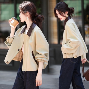 撞色短款风衣外套女2025年秋季新款韩版休闲长袖宽松风衣外套图片