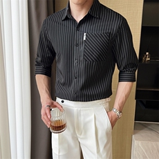 英伦风夏季男士七分袖条纹衬衫男休闲修身休闲衬衣A236-C660-P58，男装衬衫，电商A236