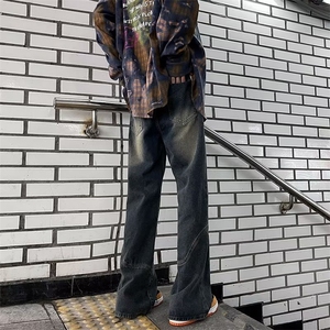 美式经典复古小众结构拼接设计怀旧水洗做旧牛仔裤男微喇叭长裤图片