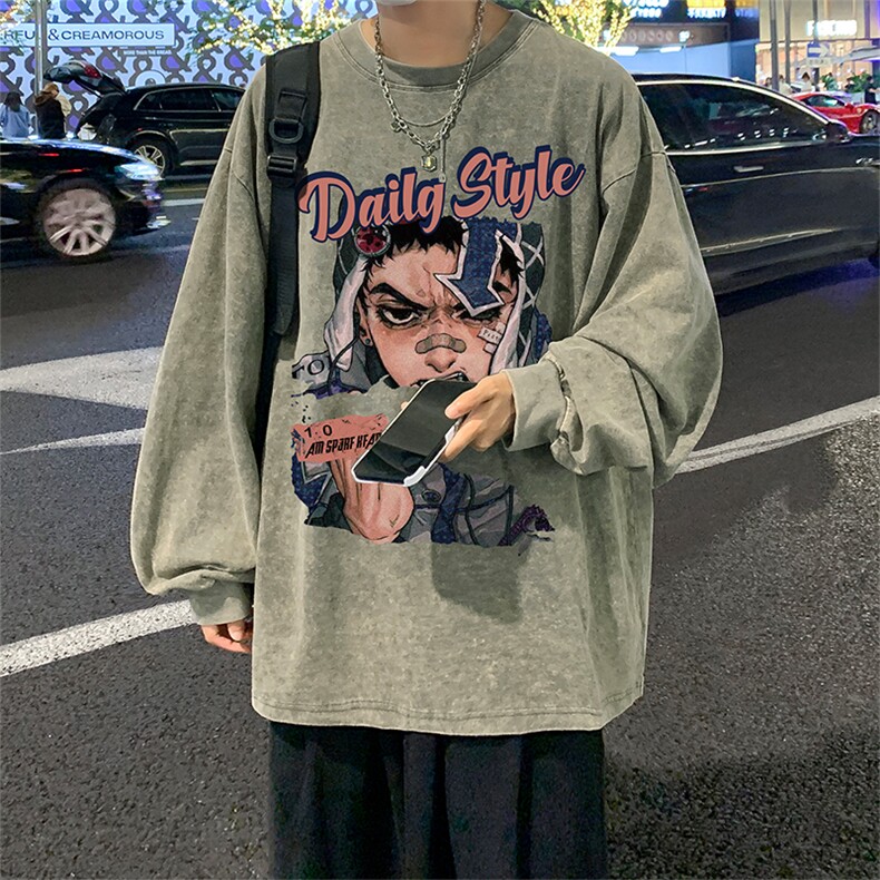 直播品质重磅纯棉美式蜡染水洗做旧潮牌宽松长袖t恤CT306特P38,男装T恤,电商A486