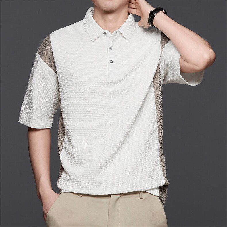夏款男半袖拉链T恤翻领时尚拼色POLO衫冰丝潮流青年男装图片