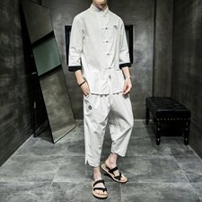 2021夏季新款中国风套装男大码唐装七分袖衬衫男休闲裤TZ073/P100，男装套装，电商A008