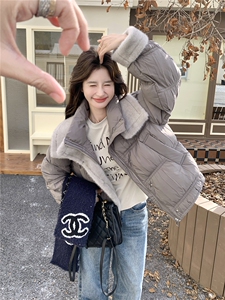 灰色短款泡芙羽绒服女2025冬季高级感毛毛拼接保暖90白鸭绒厚外套图片
