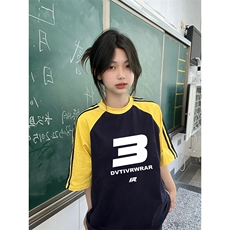 夏季美式高街重磅纯棉三条杠织带插肩撞色男女短袖T恤CZ92-特P25，男装T恤，电商A486