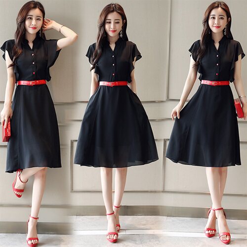 连衣裙通勤V领中腰套头2022年夏季短袖气质清新中长款搭配，女装连衣裙，火爆靓佳人