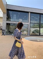 现货，夏季格纹方领泡泡袖连衣裙，女装连衣裙，ZYDZ在依店主