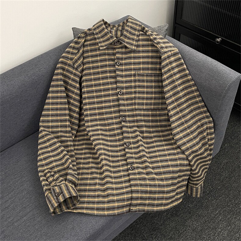 得物品质春水云间黄色男衬衫条纹格子纯棉衬衣外套CS400P50，男装衬衫，星座1013-1
