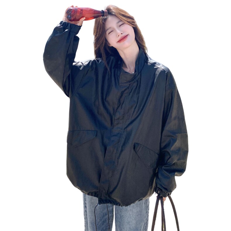 设计感皮衣外套女春秋款宽松休闲百搭上衣潮酷洋气中长款PU皮夹克,女装短外套,2C166