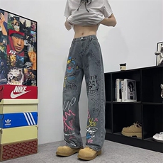 2025新款重工涂鸦直筒牛仔裤宽松显瘦阔腿长裤现货K8565-P42，男装牛仔裤，星座512-3
