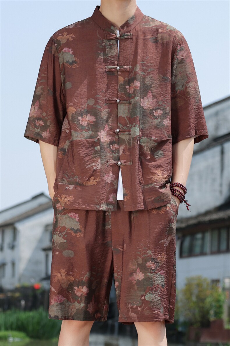 2025夏季新款男装风冰丝印花盘扣唐装套装短袖+短裤A110-P80,男装休闲套装,电商B277(原6028)