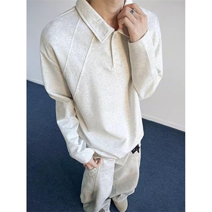 抖音得物高品质美式高街重磅曼巴棉结构螺纹拼接翻领卫衣长袖T恤图片