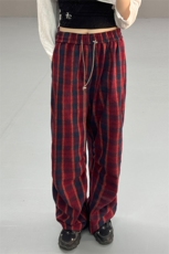 现货自家图美式红色格子毛呢宽松直筒阔腿休闲裤K661-P50控68，男装休闲裤，星座205-5