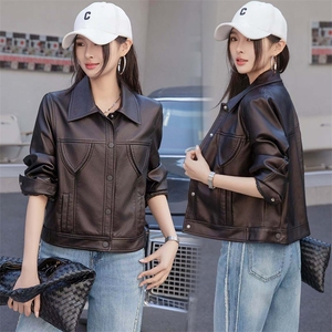 BAO欧货翻领PU皮衣外套女2025新款春秋短款超好看机车服水洗夹克图片