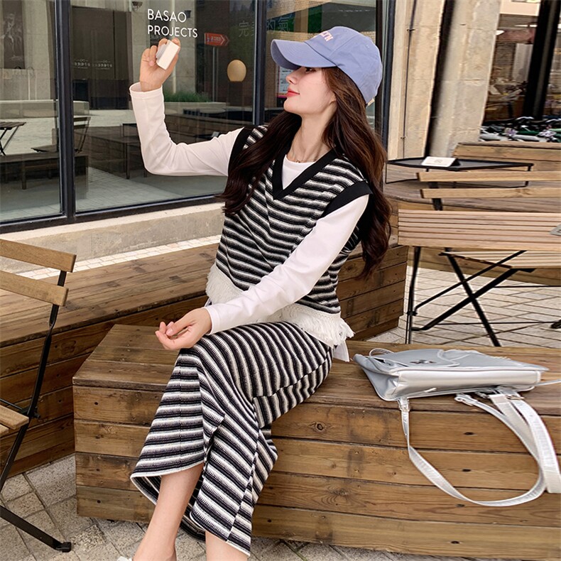 条纹针织马甲套装裙女2025新款时尚甜美减龄半身裙三件套,女装套装/套裙,浪娴服饰