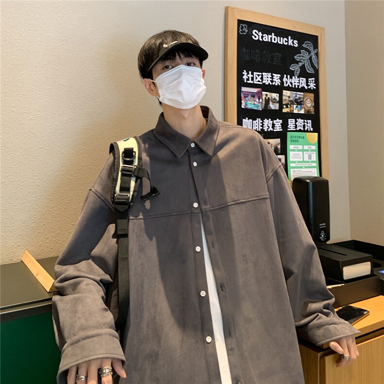 港风咖啡厅麂皮绒长袖翻领衬衫S70P48控68,男装衬衫,电商A247