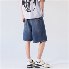 新款港风牛仔中裤男宽松直筒工装裤美式复古XZ201-K508P45，男装工装外套，星座201