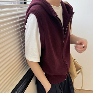 2024秋冬连帽拉链马甲开衫女宽松针织叠穿无袖羊毛坎肩大码潮图片