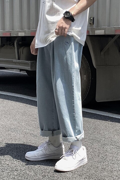 春夏宽松哈伦直筒潮牌九分束脚牛仔裤男垂直工装男士裤子B,男装牛仔裤,星座1008