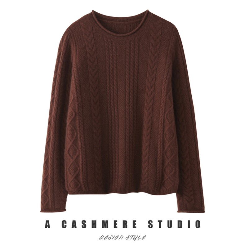 轻松好看~双股加厚绞花纯山羊绒衫女宽松保暖毛衣针织套头衫，女装羊绒衫，戎美山