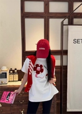 2025简单百搭时尚花朵小蛇刺绣T恤，女装T恤，湘姗
