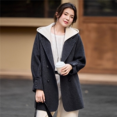 2025年冬季中长款羊毛呢子大衣拼色可脱卸连帽双面羊绒毛呢外套，女装双面呢大衣，简韵佳