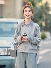 夏女装官网新款2025春季韩系假两件拼接格子翻领外套女式卫衣，女装针织衫/毛衣，微微衣阁