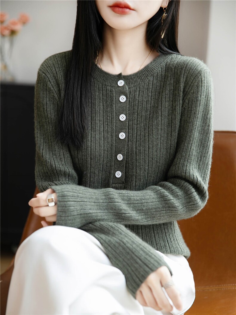 秋冬新款羊毛衫女坑条圆领半开纽扣针织毛衣宽松长袖打底羊绒衫,针织衫/毛衣,暖绒情旗舰店