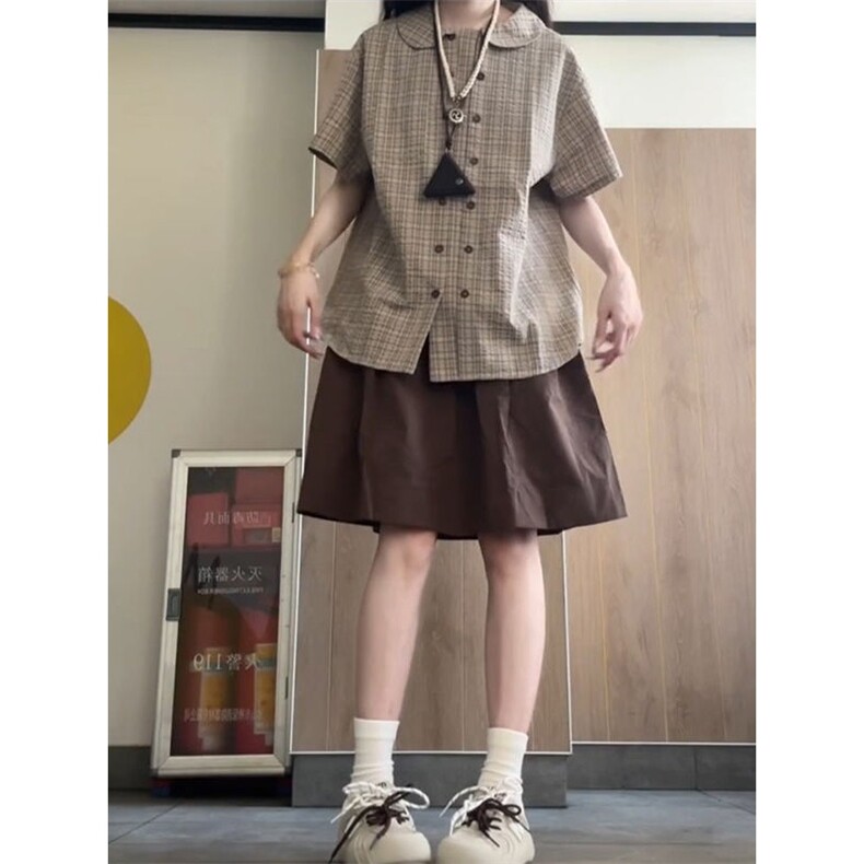 夏季穿搭一整套日系复古时尚小个子格子双排扣衬衫搭配咖色裤子,男装衬衫,星座1210-1
