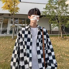 棋盘格衬衫男潮春季美式暗黑系潮流黑白格纹衬衣潮嘻哈休闲外套，男装衬衫，星座1210-1