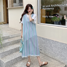 法式气质流苏背心连衣裙女2025夏季新款设计感小众收腰显瘦长裙子，女装套装/套裙，2C299
