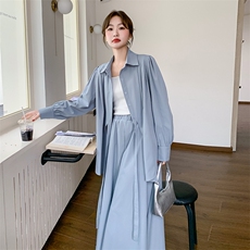 蓝色高级感衬衫套装裙女2025春新款韩系chic简约休闲半身裙两件套，女装套装/套裙，2C051