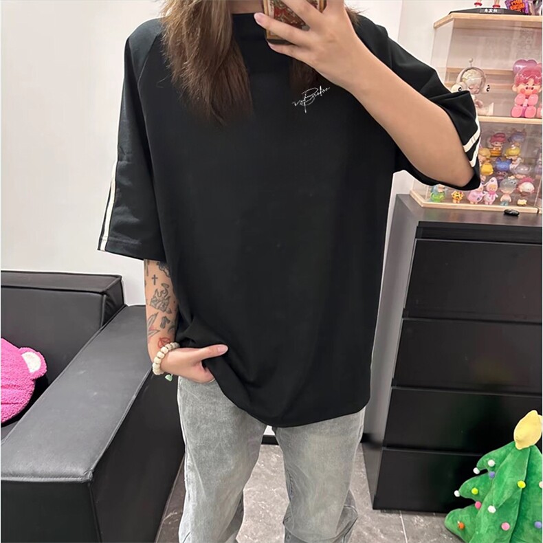 抖音得物高品质二开240克宽松纯棉美式潮牌三条杠织带短袖T恤,男装T恤,电商A486-1