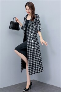 高端千鸟格风衣女2024春秋新款韩版显瘦气质收腰长款过膝大衣外套图片