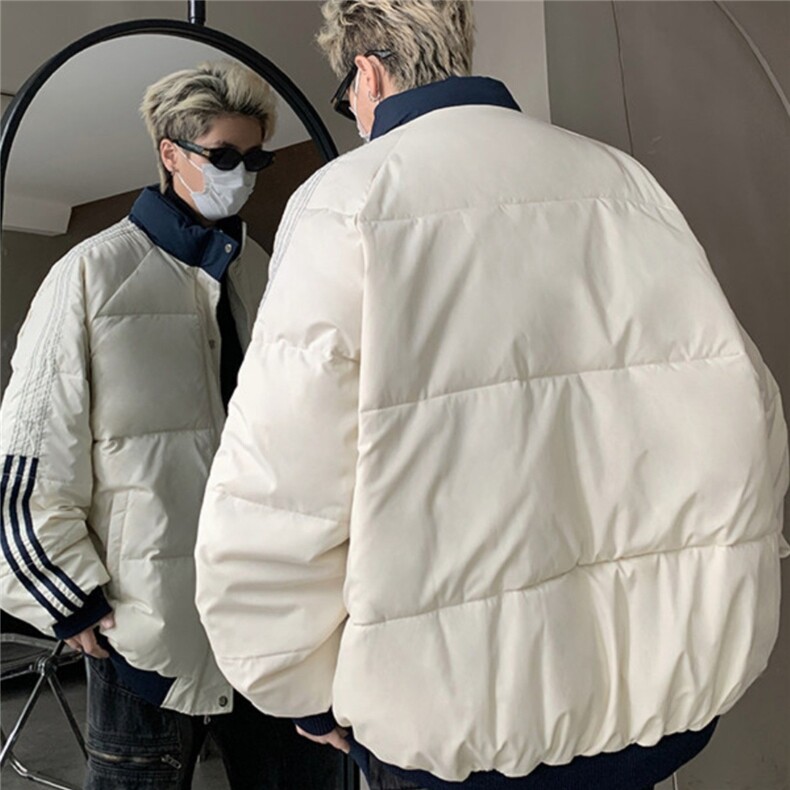 米白色文艺慵懒风棉服男冬季加厚面包服外套美式复古条纹立领棉衣,男装棉衣,星座218-1（原230）