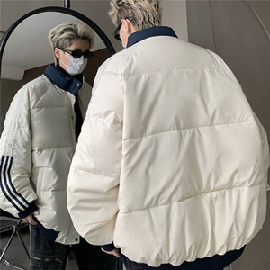 米白色文艺慵懒风棉服男冬季加厚面包服外套美式复古条纹立领棉衣图片