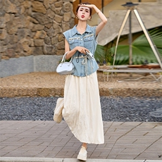 现货可推2025夏季新款时尚民族风甜美拼接牛仔套装两件套，女装套装/套裙，然然