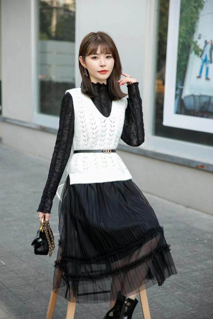 [现货]蕾丝拼接连衣裙马甲两件套，两色、三个尺码，女装连衣裙，依柏璐