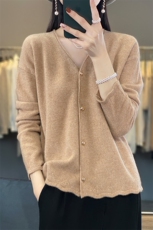 100%纯羊毛开衫女V领秋冬季花边针织外套毛衣宽松纯色羊绒衫外搭，女装羊毛衫，绒汀羊绒