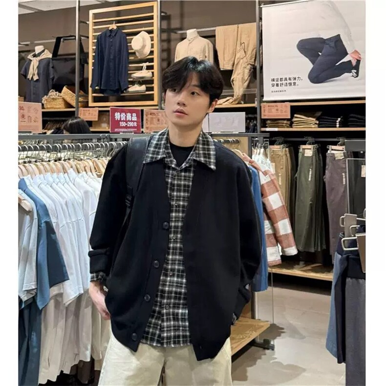 网图-假两件格子衬衫领毛衣男女秋冬针织开衫外套9158-P78，男装针织衫/毛衣，电商B380（原B361）