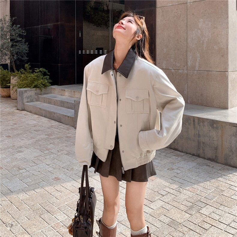 撞色拼接翻领皮衣外套女秋季2025新款独特超好看休闲百搭短款夹克,女装短外套,2C375