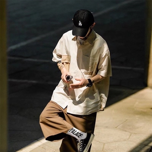 日系夏季cityboy半袖衬衫男高街拼接设计感工装短袖衬衣W3161-P28图片