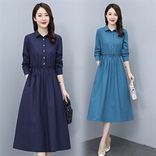 高档长袖棉麻连衣裙女2023秋季新款气质收腰显瘦休闲百搭纯色裙子，女装连衣裙，鑫思依格