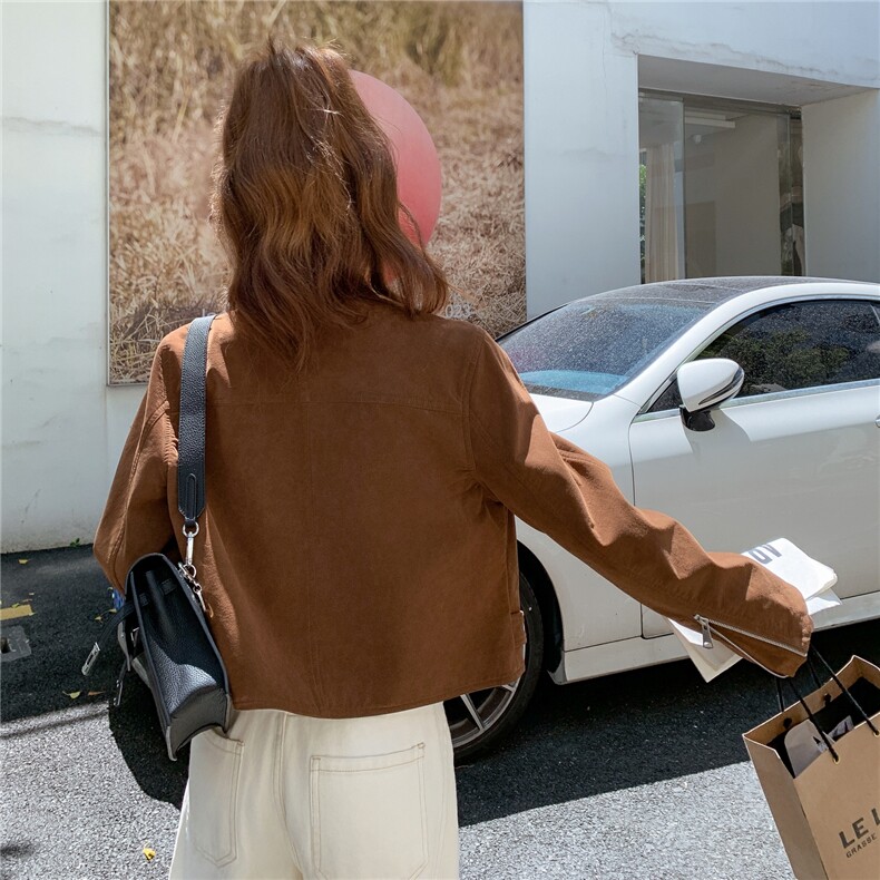 美拉德棕色麂皮绒短外套女秋季2025新款小个子复古炸街上衣夹克,女装短外套,2C327