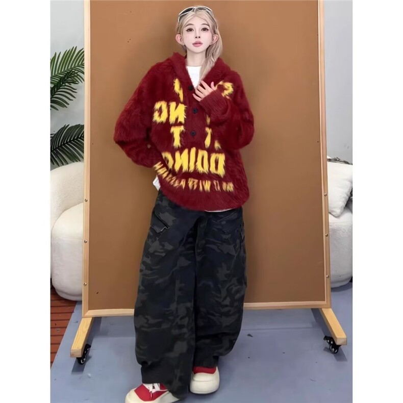 美式高街oversize毛绒字母连帽卫衣女秋冬加绒宽松百搭慵懒风外套,女装短外套,星座1210-1